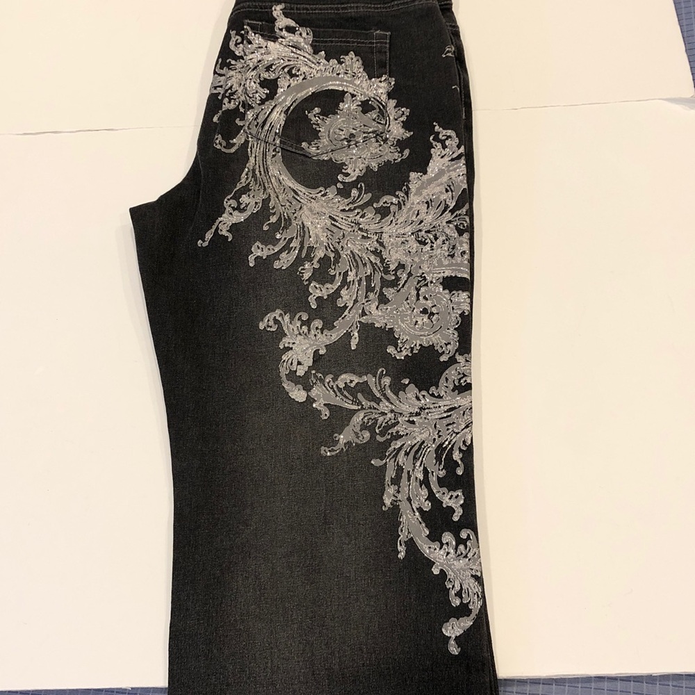 Vintage DG2 by Diane Gilman Dark Grey Bootcut Jeans |Glitter Paint Design NWOT